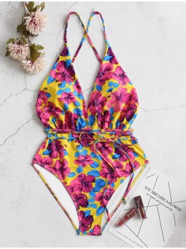Deep Open Neckline Floral Print Backless Drawstring Swimwear