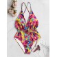 Deep Open Neckline Floral Print Backless Drawstring Swimwear