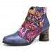 SOCOFY Flowers Embroidery Splicing Genuine Leather Wearable Sole Chunky Heel Ankle Boots