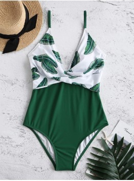 Plus Size Plunge V Neck Printed Backless One  Pieces Swimwear