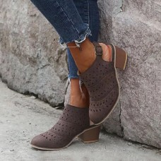 Plus Size Women Hollow Design Buckle Casual Chunky Heel Boots