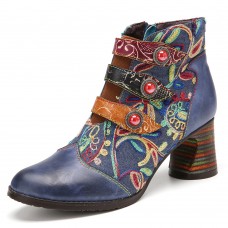 SOCOFY Flowers Embroidery Splicing Genuine Leather Wearable Sole Chunky Heel Ankle Boots